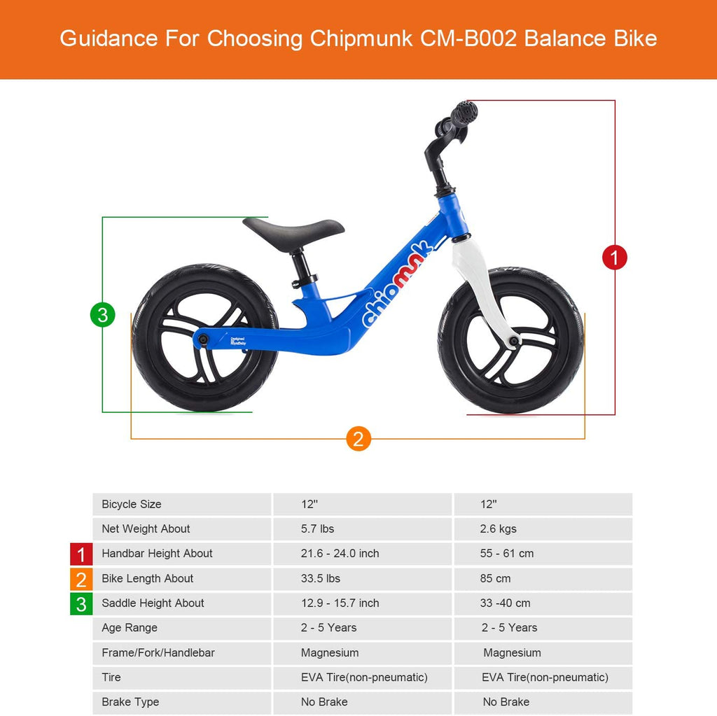 Bike Size Chart Height For Balance Bike RoyalBaby Chipmunk Kids